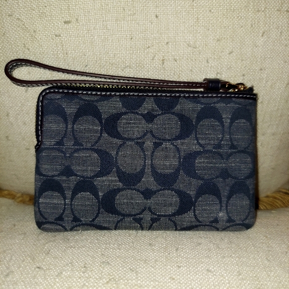 Coach Signature Chambray Canvas and Leather Wristlet Wallet - Picture 2 of 8